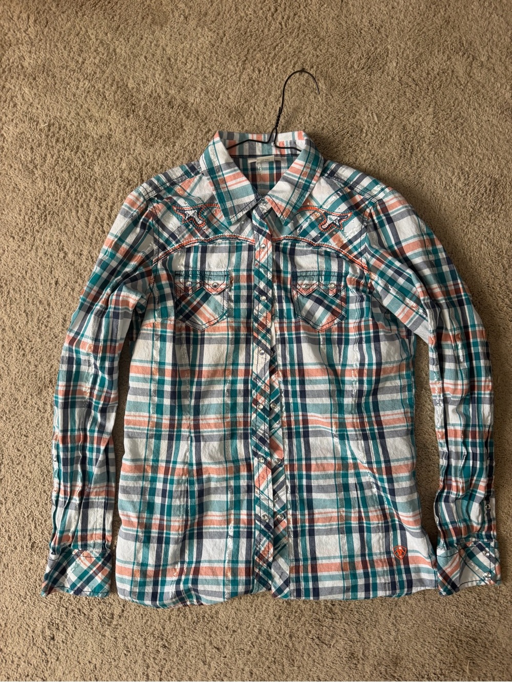 Plaid Button-Up Shirt in Teal & Orange - Women
